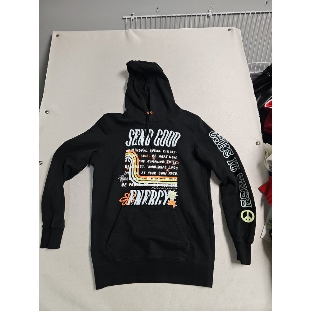 PUMA Send Good Energy Graphic Hoodie Black‎ Mens Small Take It Easy Sleeve Logo